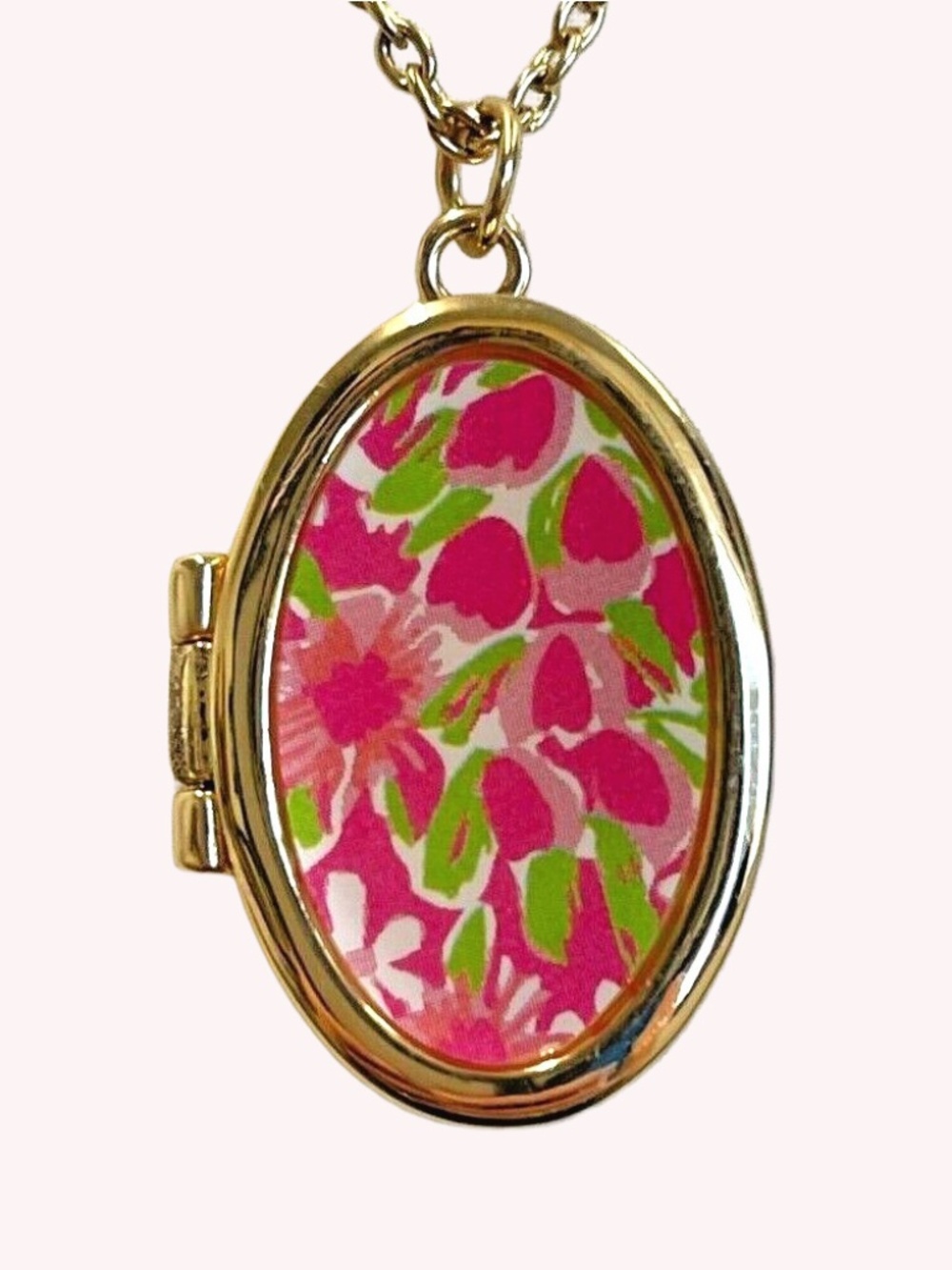 Lilly Pulitzer Fiesta Pink Flowers Gold Tone Locket Pendant Necklace